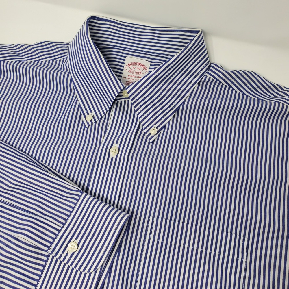 Brooks Brothers Dress Shirt Mens 17 34 Blue Stripe Long Sleeve Madison Supima